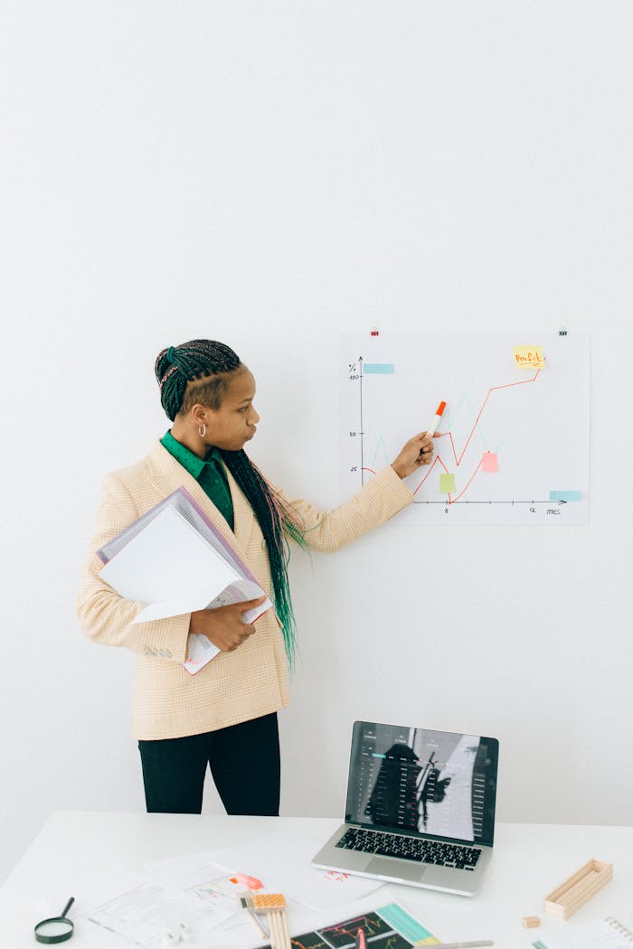Professional woman presenting data analysis in an office environment.